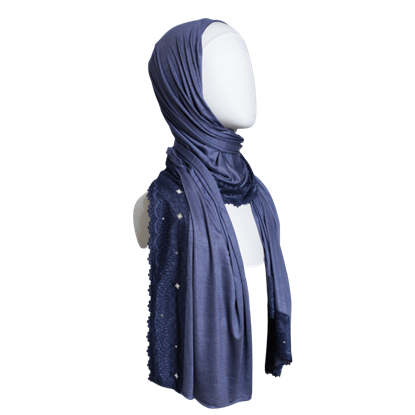 Picture of Embellished Lace Bordered Kuwaiti Hijab - Navy Blue Dark Border Hijab - NEW
